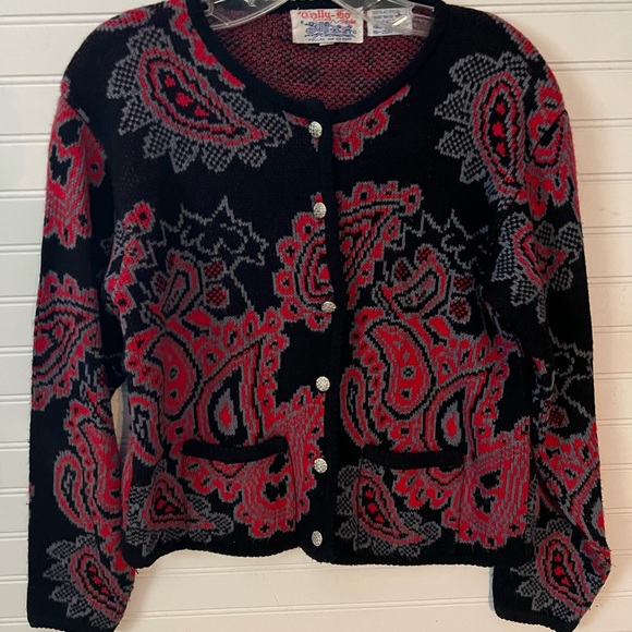 Vintage Black and Red Paisley Button Front Sweater Size S - Picture 1 of 8